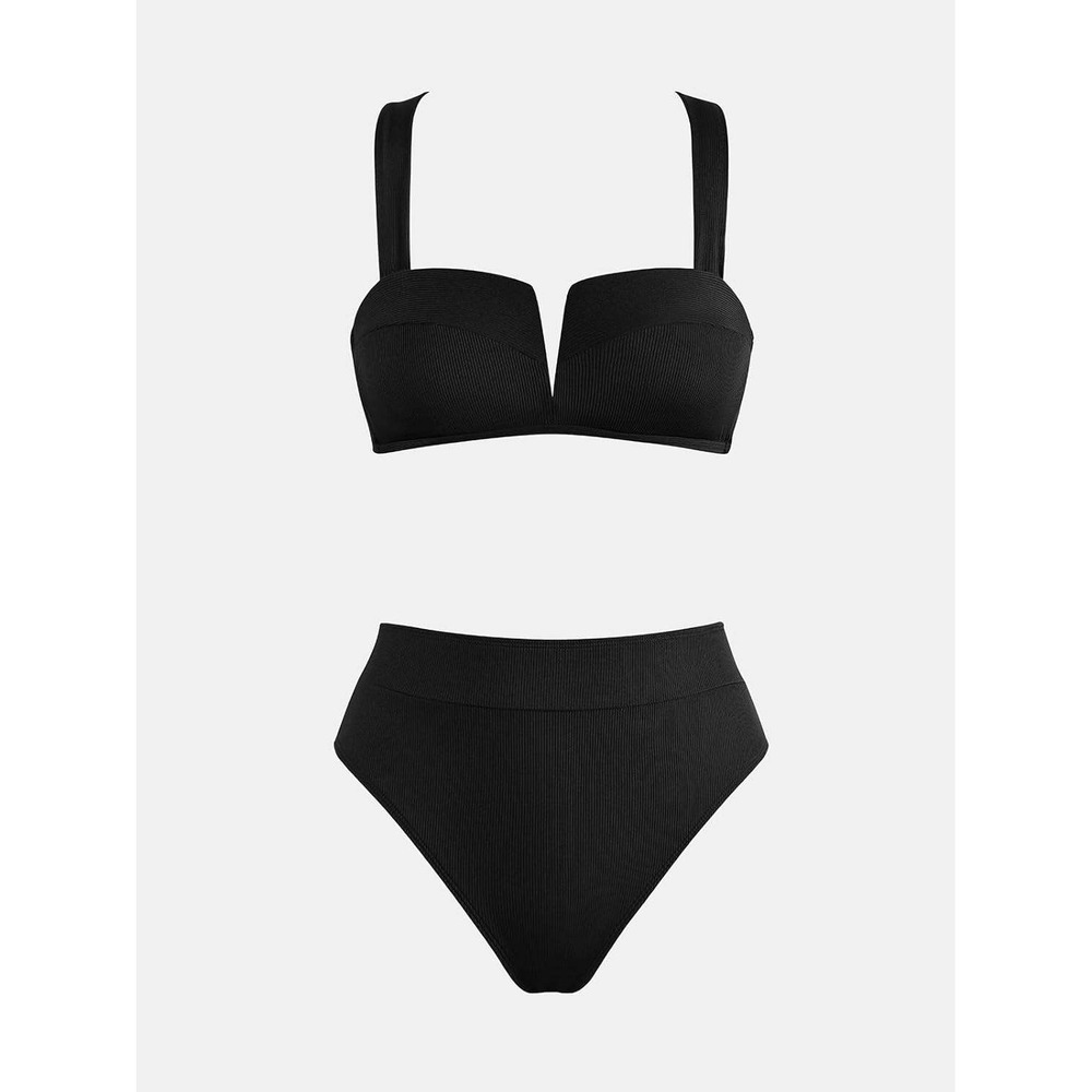 CUPSHE Bikini Swimsuit High Waist Molded Cups cross back Tie Black Size Medium - Picture 3 of 8